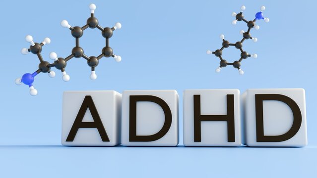 Dextroamphetamine is a Central Nervous System (CNS) stimulant primarily used to manage the symptoms of ADHD and narcolepsy; 3d rendering.