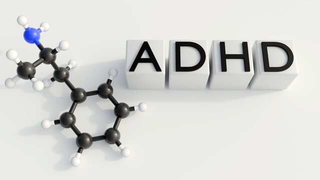 Dextroamphetamine is a Central Nervous System (CNS) stimulant primarily used to manage the symptoms of ADHD and narcolepsy; 3d rendering.