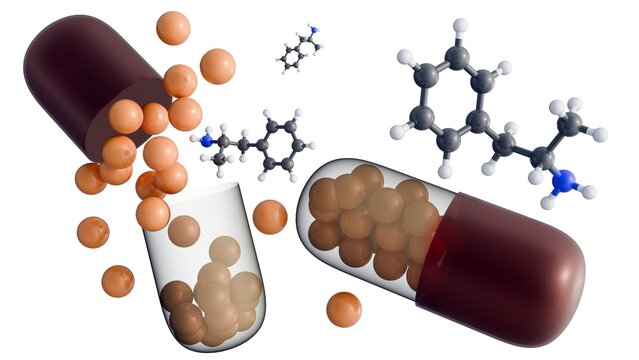 A 3d rendering of molecular structure of Dextroamphetamine and its pharmaceutical delivery mechanism to treat Attention Deficit Hyperactivity Disorder and narcolepsy.