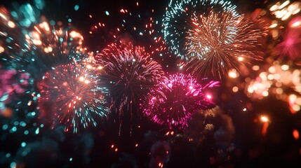 A mesmerizing display of fireworks fills the night sky with vibrant colors and sparkling light trails