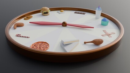 A 3d rendering of food clock or roulette wheel, the concept of food choice, random eating, or a "food-time" game. Different types of food are presented as options on a spinning wheel.