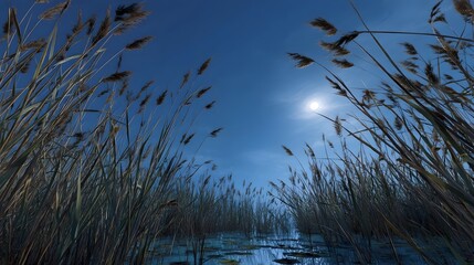 Tall reeds sway under a bright sun in a clear blue sky reflected in a tranquil wetland pond