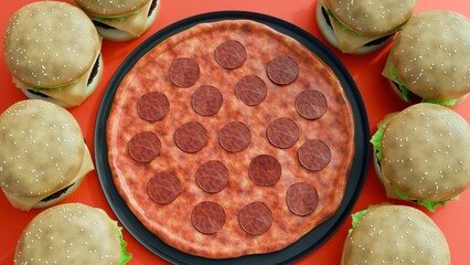 A vibrant pepperoni pizza on a black pan left, next to multiple juicy hamburgers right. Unhealthy, fast food feast against a clean gray gradient.