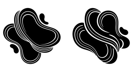 A set of two abstract monochrome vector elements with smoothly flowing lines creating dynamic, organic, and fluid shapes for modern graphic design