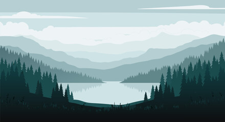 Beautiful panoramic view of a mountain lake and forest landscape, a peaceful and serene nature background illustration. d © PDWN Creative