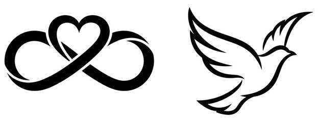 Naklejka premium Minimalist black line art collection with a heart infinity symbol for everlasting love and a peace dove silhouette for hope and spirituality