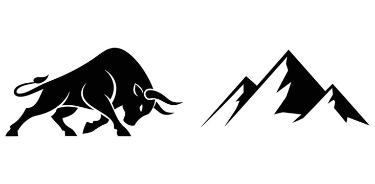 Illustration of a bull and mountain range. Ideal for business, finance, nature, outdoor activities, or any concept implying strength, growth, or stability