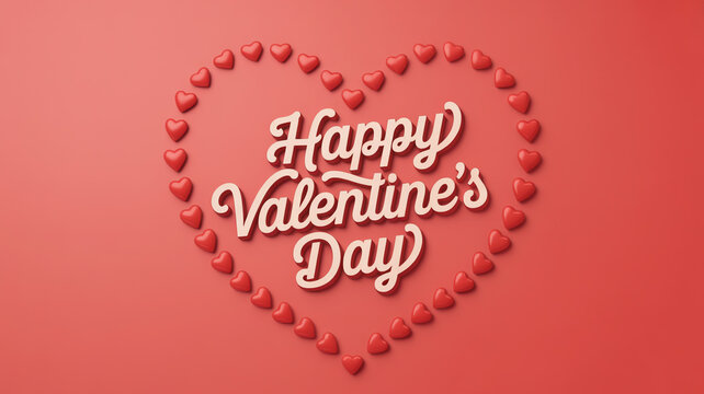 Happy valentines day greeting card with heart shaped border made of small hearts on red background - Powered by Adobe
