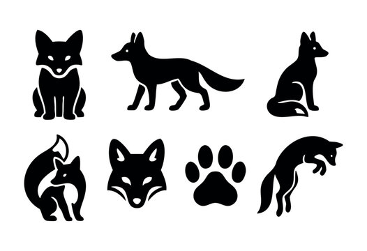 Set of eight stylized black fox silhouettes in various poses, including sitting, standing, jumping, and a fox head, alongside a paw print. Perfect for logo design, branding, or wildlife themed project