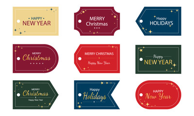 Set of label templates with greeting text. Tags with gold glitter, sparkles and stars. Happy New Year, Happy Christmas, Happy Holidays labels, vector elements