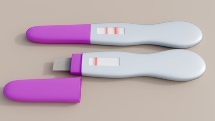 A 3D rendering of two isolated white pregnancy test sticks with magenta caps. One is open and displays a single negative line, while the other shows two distinct lines, indicating a positive result.