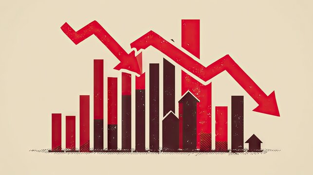 Abstract infographic showing financial decline and growth illustration with red arrows and bar charts on vintage background