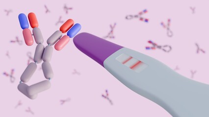 3D rendering of a positive result on a lateral flow allergy test. Allergen-specific IgE antibodies are captured on the strip to form visible lines, indicating sensitization.