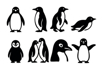 Obraz premium Collection of eight cute penguin illustrations in a simple black and white line art style. Penguins are depicted in various poses: standing, walking, swimming, and cuddling. Perfect for children's boo