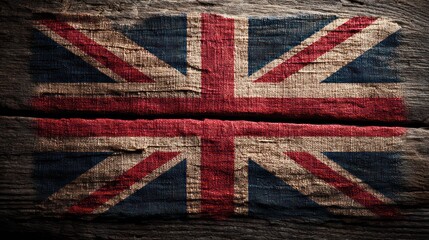 United Kingdom flag spread across rough textured wooden surface, fibers contrasting against grain detail. Lighting angled to textures