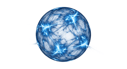 Abstract glowing blue energy sphere with interconnected lines and sparks, symbolizing global network, data, artificial intelligence, or scientific connection in digital fractal art.