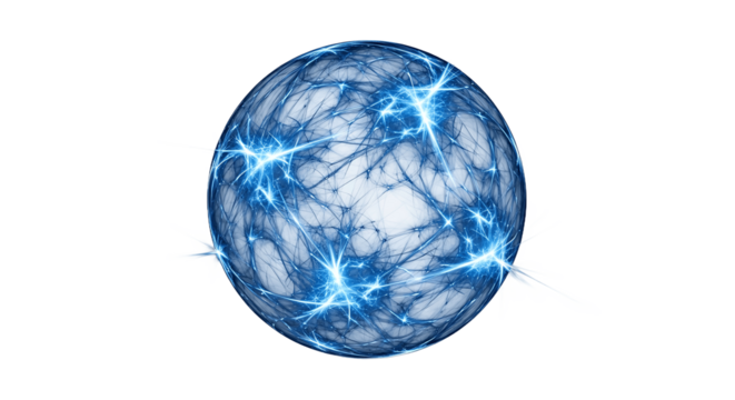 Abstract glowing blue energy sphere with interconnected lines and sparks, symbolizing global network, data, artificial intelligence, or scientific connection in digital fractal art.