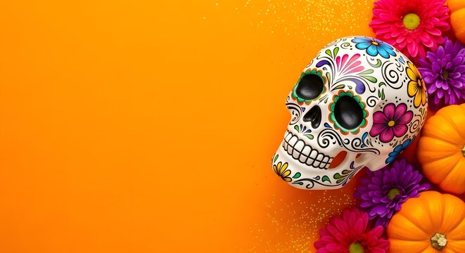 Vibrant sugar skull adorned with flowers and pumpkins on orange background