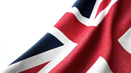 United Kingdom flag stretched diagonally across frame, photographed against seamless white background. Clean studio lighting produces natural shadows