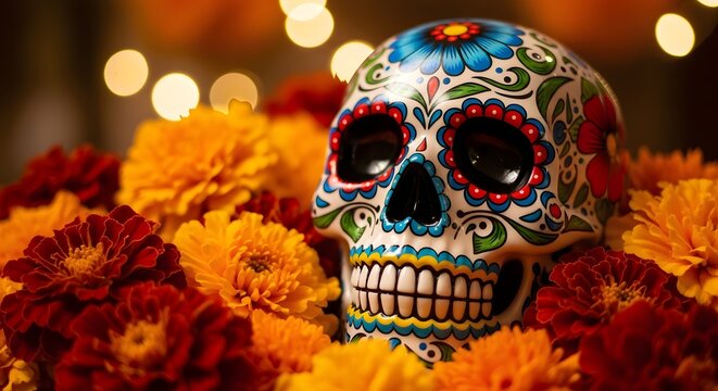 Vibrant sugar skull adorned with flowers for day of the dead celebration - Powered by Adobe