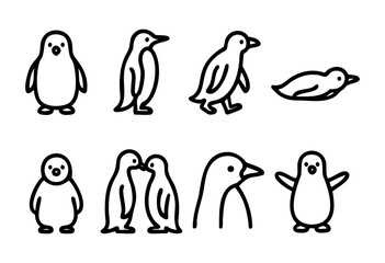 Naklejka premium A set of eight adorable penguin illustrations, depicted in a simple line art style. The penguins are shown in various poses, including standing, walking, swimming, and cuddling