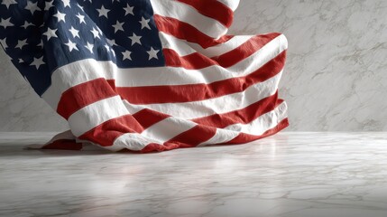 United States flag floating above polished marble floor, reflection crisp. Fabric folds ultra-detailed, stitching sharp, colors natural. Shadows