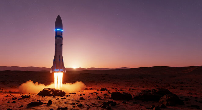 Image shows a rocket launching on a rocky planet, with visible flames and distant sun, representing space exploration and future technological progress