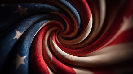 United States flag shaped into a spiral structure, twisting gracefully upward. Lighting texture and curvature while controlled shadows