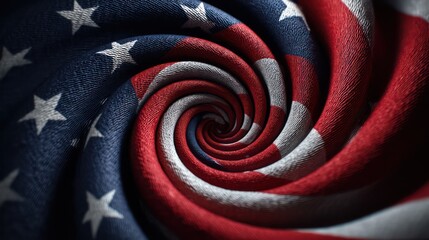 United States flag shaped into concentric spirals, twisting inward seamless center. Fabric with sharp textures throughout. Lighting controlled,