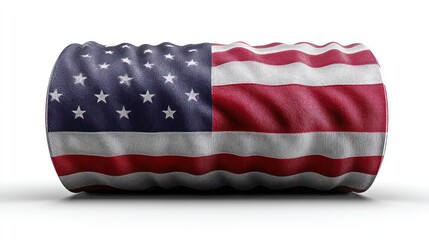 United States flag stretched across cylindrical column, fabric taut with minimal folds. stitching captured under studio lighting, shadows