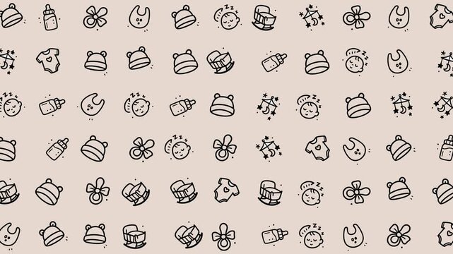 Doodle baby items like bibs, hats, and cribs in cute cartoon illustrations. Perfect for baby shower invites and nursery decor.