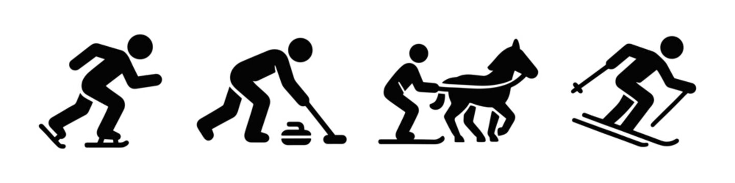 Silhouette icon set of winter sports: speed skating, curling, skijoring with horse, and alpine skiing. Bold pictogram style for signage, apps, or sport infographics. Vector illustration.