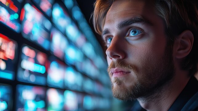 Man with blue eyes looking at a wall of screens displaying data in a modern control room environment with a focused and determined expression
