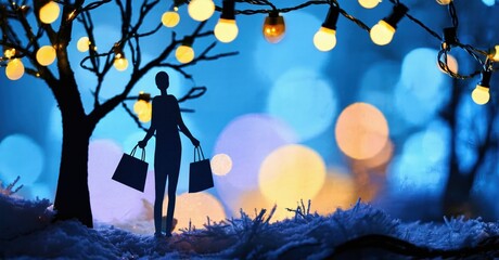 Silhouette woman carries shopping bags. Festive lights illuminate winter landscape. Blue tones dominate scene, creating magical mood.