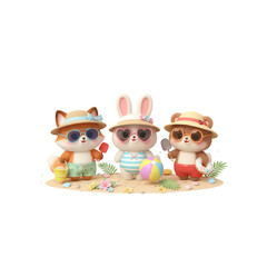 Fototapeta premium 3D cute animals in summer beach outfits, swimsuits, straw hats, sunglasses, tropical vibe, white background