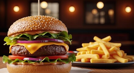 Juicy beef burger stacked with cheese, lettuce, and onions