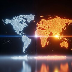 Photo of world map with glowing lights showing continents, countries, and global connections