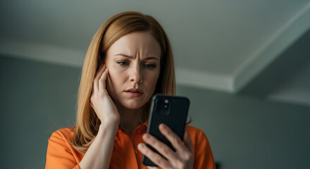 Stressed and concerned woman looking at smartphone, reacting to bad news or a digital problem with an anxious expression.