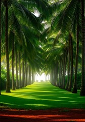 Photo of palm tree lined path leading to the beach with green grass and bright sunlight