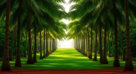 Photo of palm tree tunnel with green grass and bright light at the end of the path