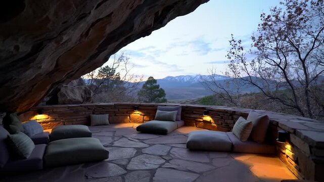 A luxurious outdoor lounge area nestled within a natural rock formation, featuring plush seating and stunning mountain views at dusk