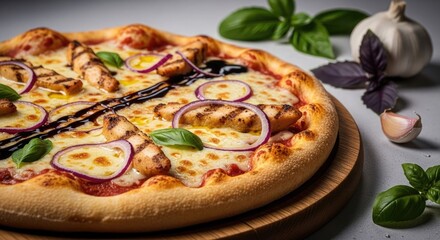 Freshly Baked Chicken Pizza with Basil and Onions