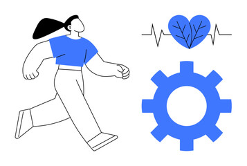 Woman walking actively, heartbeat line, leafy heart, and gear symbolizing health, fitness, systems integration. Ideal for wellness, fitness, health tech self-care progress productivity