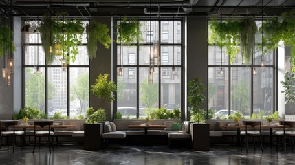 Fototapeta premium Bright and Modern Urban Restaurant Interior with Green Plants and Large Windows for Inspirational Dining Experience