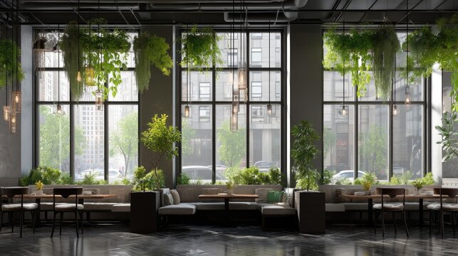 Bright and Modern Urban Restaurant Interior with Green Plants and Large Windows for Inspirational Dining Experience