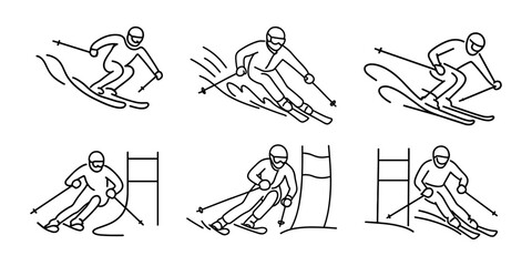 Obraz premium Black and white line illustrations of alpine skiers in dynamic poses, performing downhill runs and slalom turns. Figures wear helmets and goggles, navigating through snow or course gates