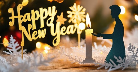 Papercraft scene depicts Happy New Year message. Silhouette figure near candle, snowflakes surround festive display. Warm lighting creates cozy mood.