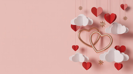 Romantic valentines day background with hanging paper hearts, clouds and golden stars on pink background