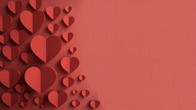 Valentines day background with red paper hearts on red background with copy space for text