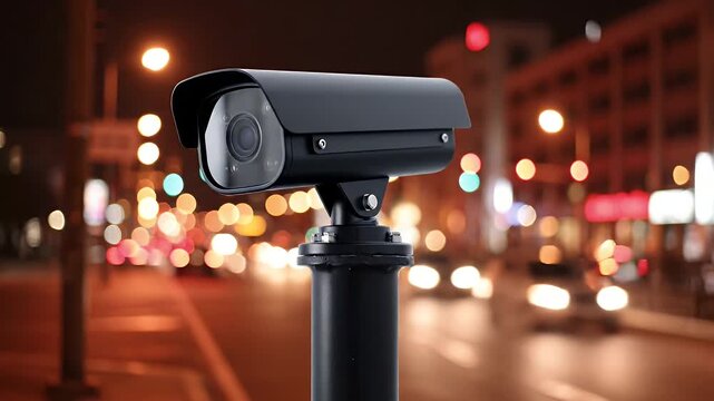 A black security camera monitoring a busy city street at night